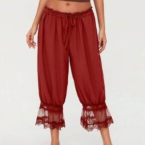 Red Lace Trimmed Capris with Elastic Waistband
